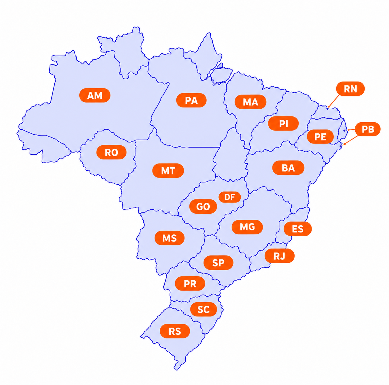 Mapa do Brasil representando os estados atendidos pela SOS Bolso